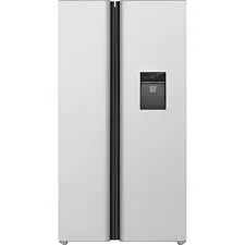 Heladera plateada tipo inox de dos puertas verticales, con la puerta izquierda abierta y un dispensador oscuro en la puerta derecha cerrada. - Vista 2