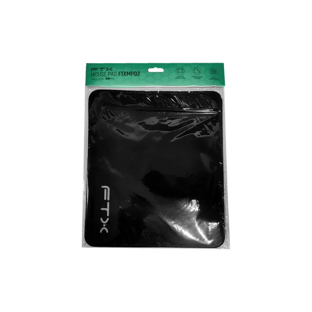 Mouse pad FTX negro rectangular con esquinas redondeadas y logotipo gris, dentro de un envoltorio transparente.