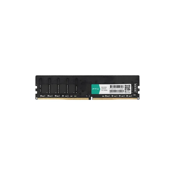 Módulo individual de memoria RAM FTX negro, con contactos dorados, etiqueta blanca, logotipo verde y códigos de barras.