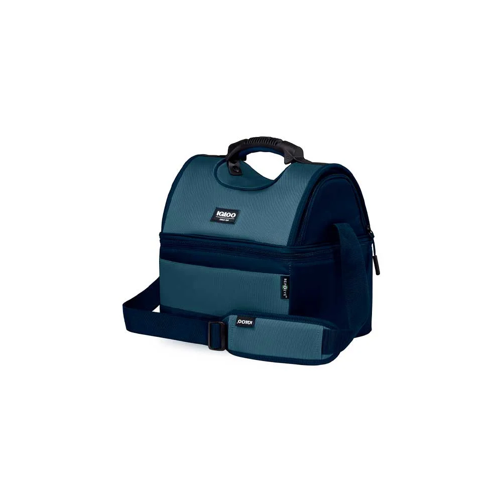 Bolsa térmica Igloo azul para 16 latas, con asa superior, correa ajustable y bolsillo frontal con cremallera. - Vista 2