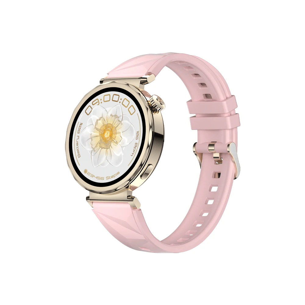 Smartwatch FTX de caja redonda rose gold, correa rosa perforada y pantalla con esfera floral.