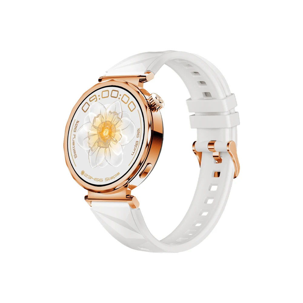 Smartwatch FTX de formato redondo, caja dorado rosada y correa blanca, con una flor en la pantalla.