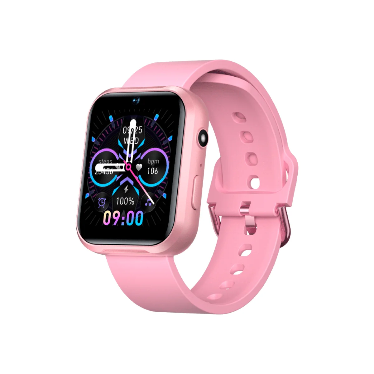 Smartwatch FTX rosa con caja rectangular, pantalla digital y correa perforada con hebilla metálica.