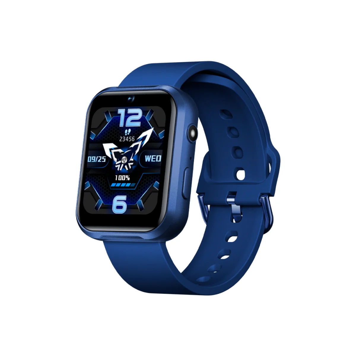 Smartwatch azul FTX con caja rectangular, pantalla a color y correa perforada con hebilla.
