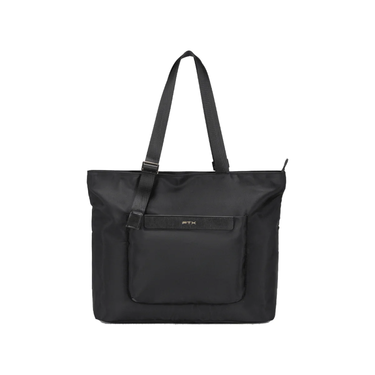 Bolso negro FTX Emma para notebook con bolsillo frontal con cierre, dos asas superiores y correa de hombro acolchada.