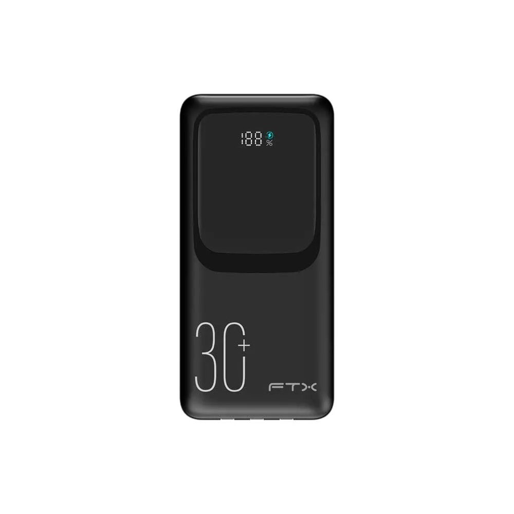Power bank negro FTX con pantalla LCD frontal, cables integrados y puertos USB - Vista 2