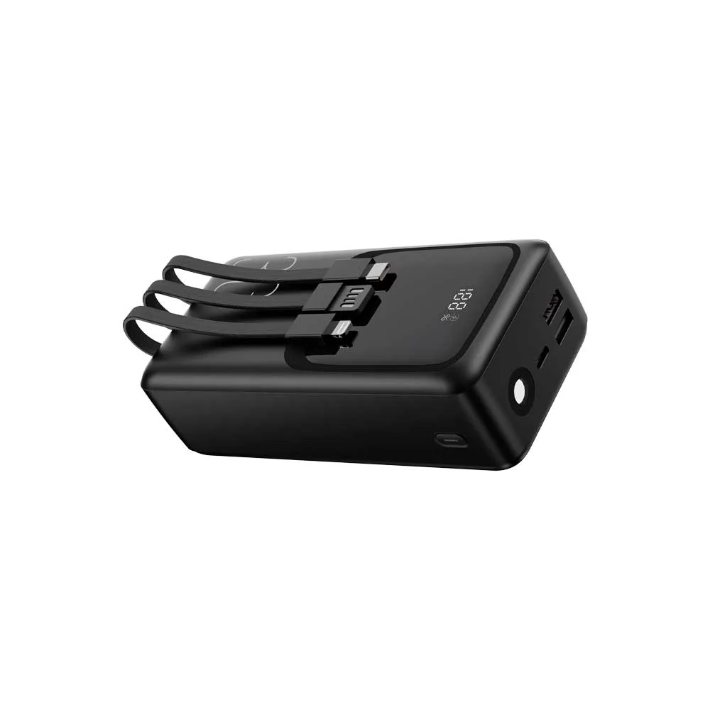 Power bank negro FTX con pantalla LCD frontal, cables integrados y puertos USB - Vista 5