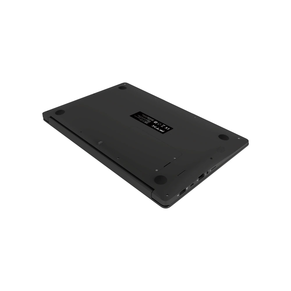 Notebook FTX negra abierta con pantalla de 14 pulgadas, teclado en español y touchpad, junto a una funda negra. - Vista 6