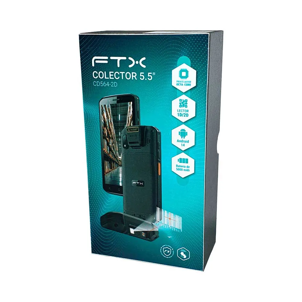 Colector portátil FTX negro mostrado de frente y de espalda, con pantalla frontal y módulo lector trasero - Vista 6