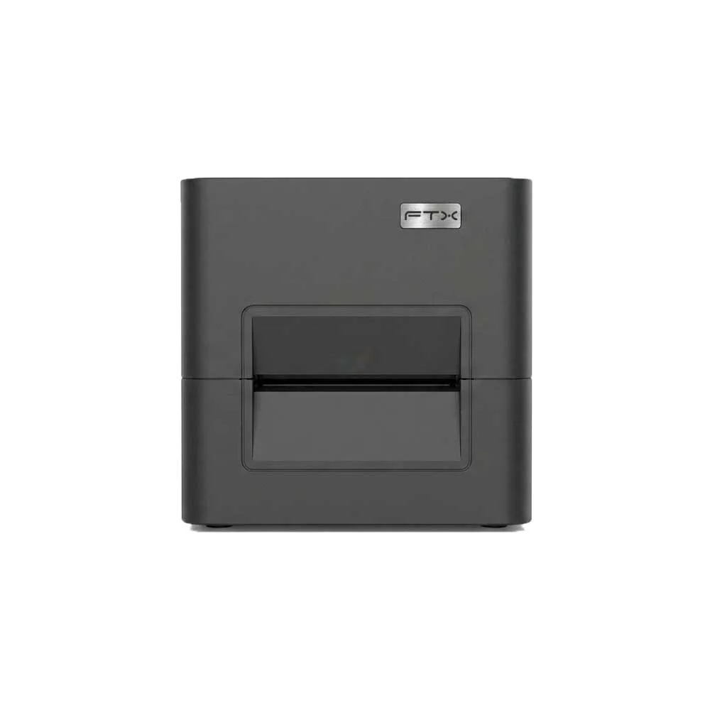 Impresora de etiquetas FTX negra de sobremesa con abertura frontal de salida. - Vista 2