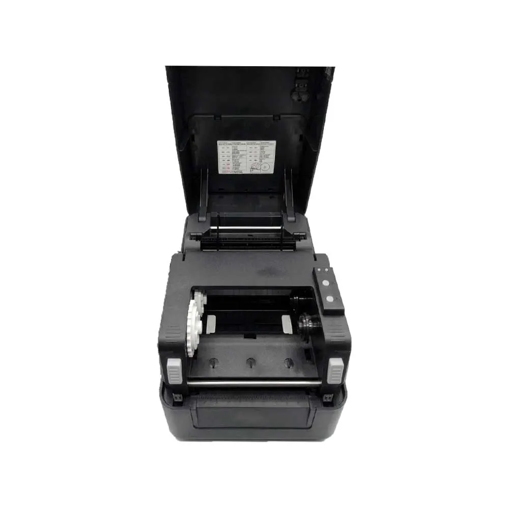 Impresora de etiquetas FTX negra de sobremesa con abertura frontal de salida. - Vista 3