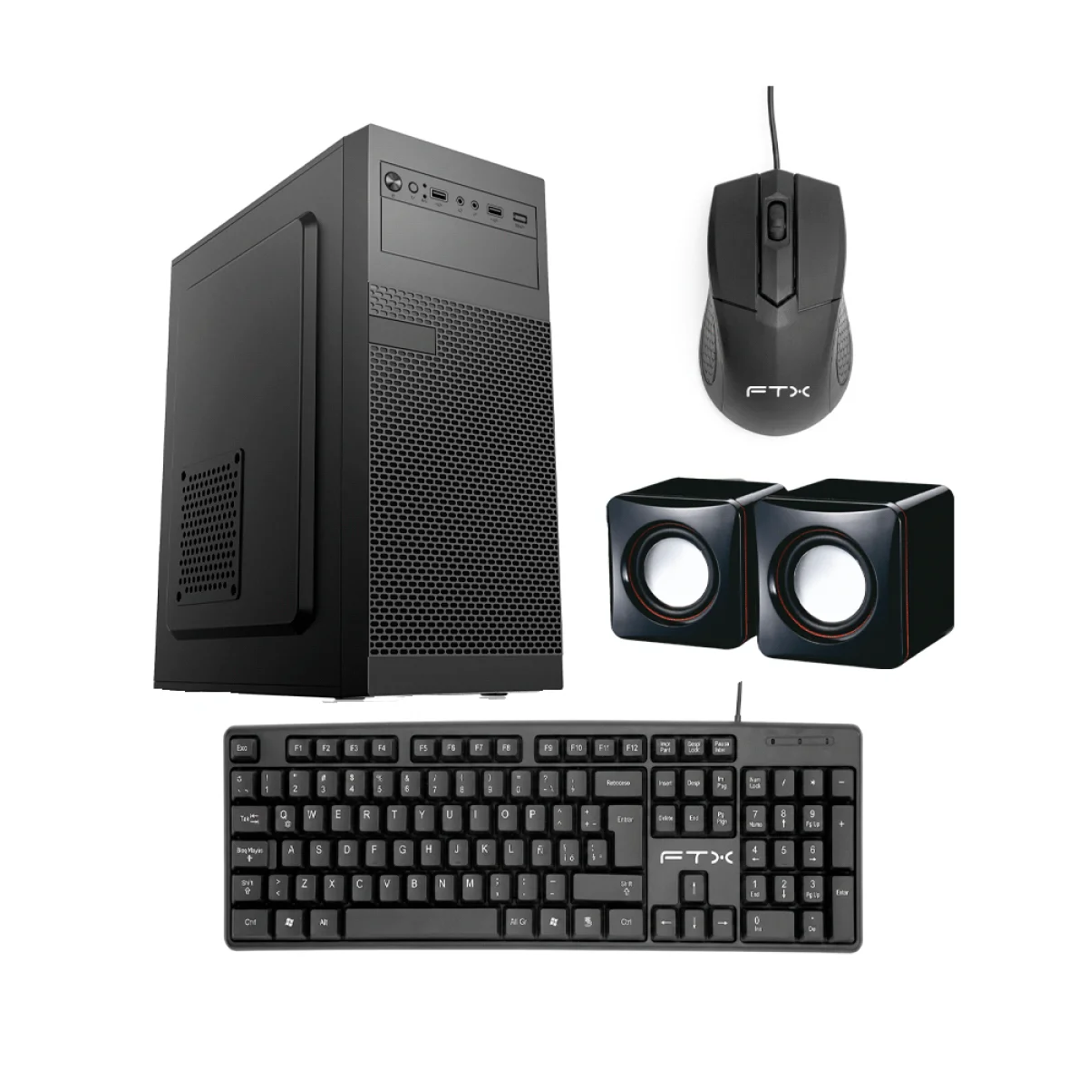 Gabinete negro FTX tipo torre con teclado español de bloque numérico, mouse con cable y dos parlantes compactos.