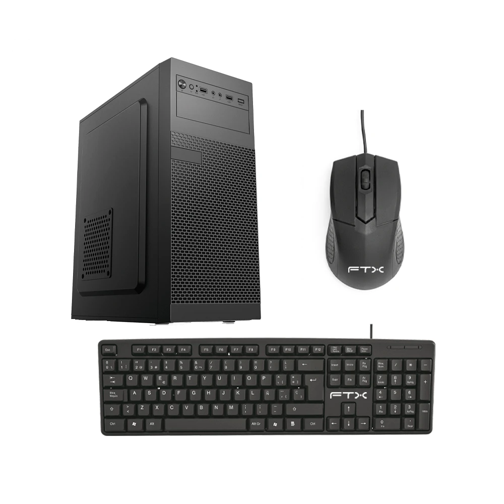 Gabinete negro FTX tipo torre junto a teclado de tamaño completo con teclado numérico y mouse con cable.