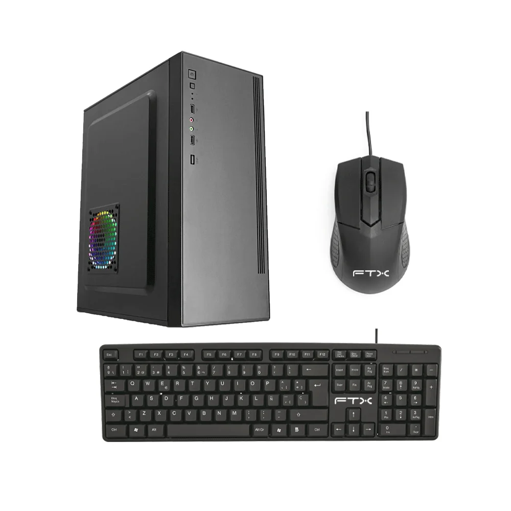 Gabinete negro FTX con panel frontal gris y lateral perforado con iluminación multicolor, junto a teclado con bloque numérico y mouse con cable.