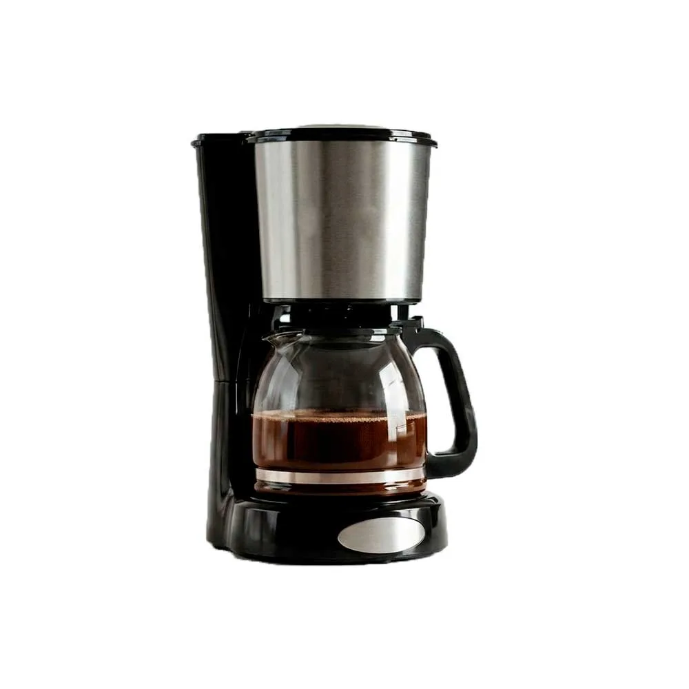 Cafetera de filtro negra con panel frontal plateado, jarra de vidrio transparente y base calefactora. - Vista 2