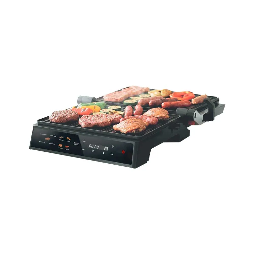 Parrilla eléctrica de contacto FTX negra abierta, con placas acanaladas y panel digital táctil frontal. - Vista 2