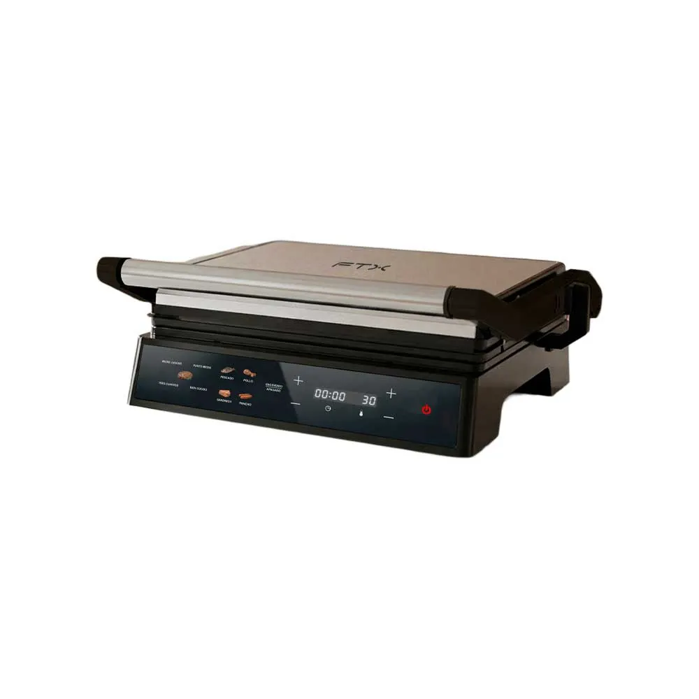 Parrilla eléctrica de contacto FTX negra abierta, con placas acanaladas y panel digital táctil frontal. - Vista 3