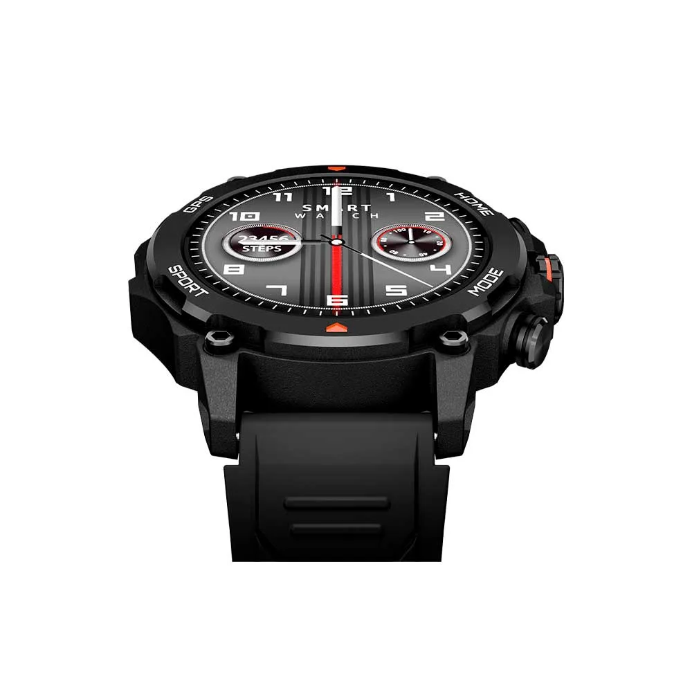 Smartwatch FTX de caja redonda negra con correa negra colocada y una correa verde militar adicional. - Vista 2