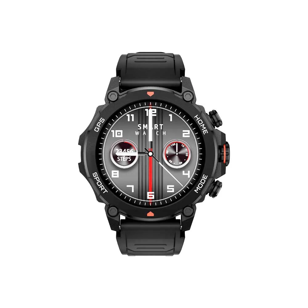 Smartwatch FTX de caja redonda negra con correa negra colocada y una correa verde militar adicional. - Vista 3