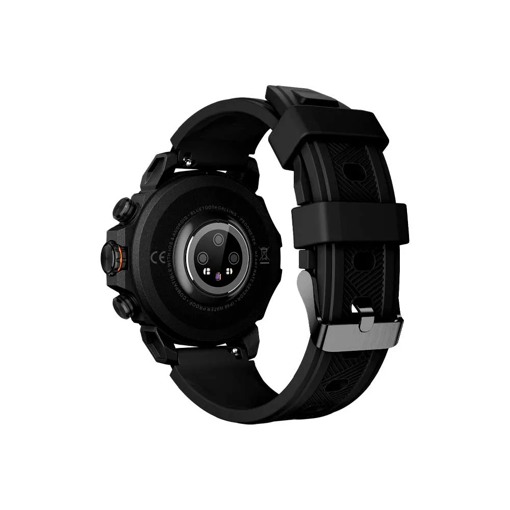 Smartwatch FTX de caja redonda negra con correa negra colocada y una correa verde militar adicional. - Vista 4