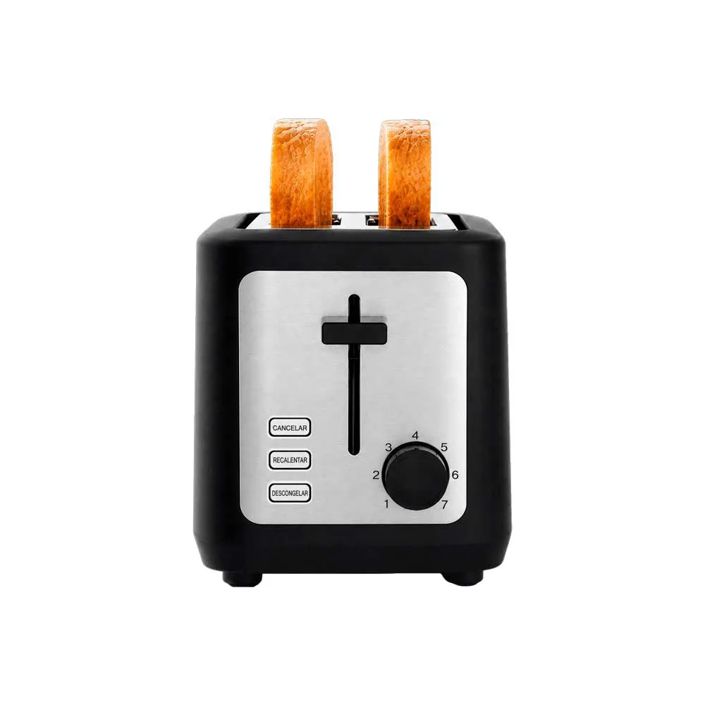 Tostadora FTX TSR2-40 negra y plateada con dos rebanadas en las ranuras superiores y controles frontales. - Vista 2