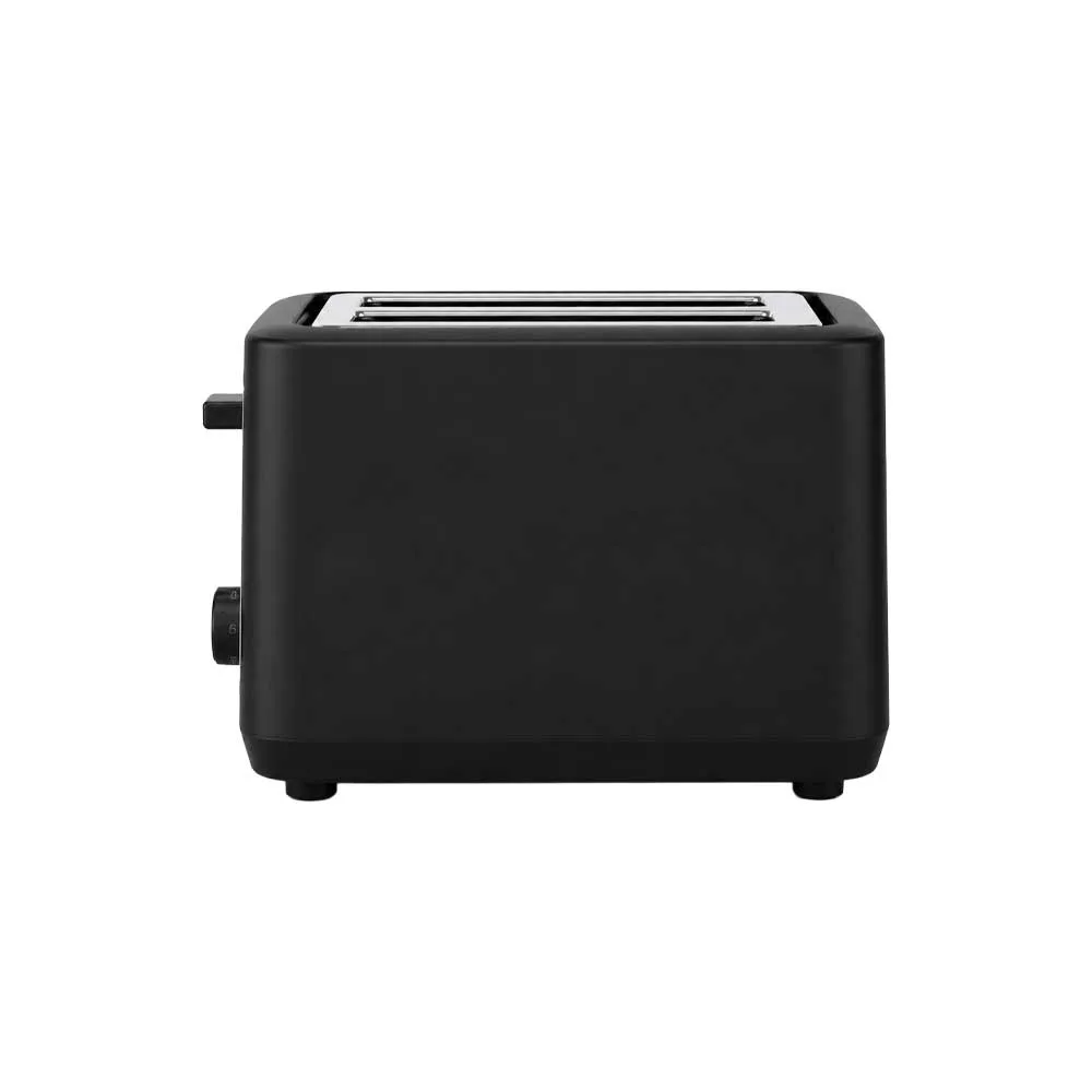 Tostadora FTX TSR2-40 negra y plateada con dos rebanadas en las ranuras superiores y controles frontales. - Vista 3