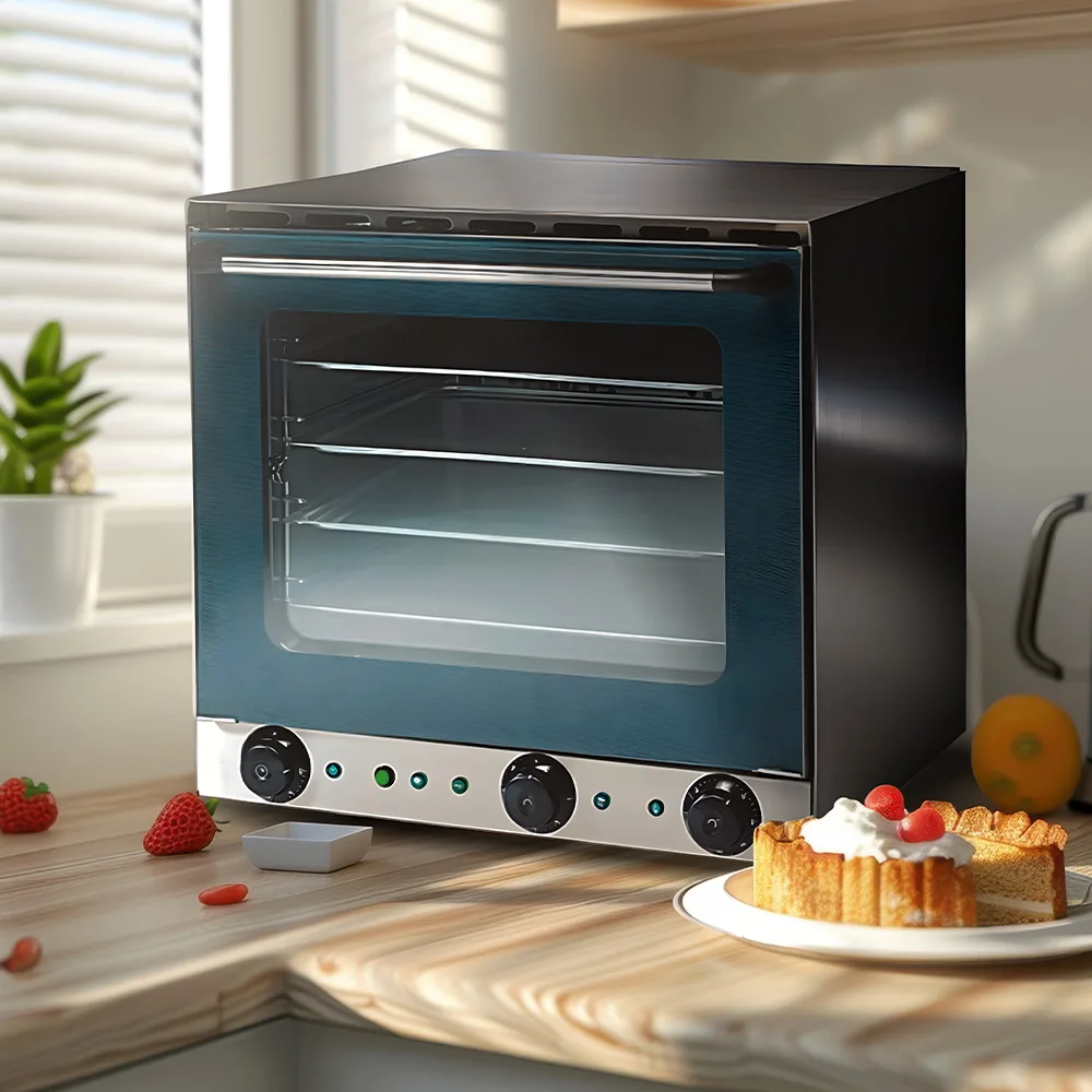 Horno industrial de carcasa oscura y panel de acero inoxidable, con puerta de vidrio, guías interiores y tres mandos giratorios. - Vista 2