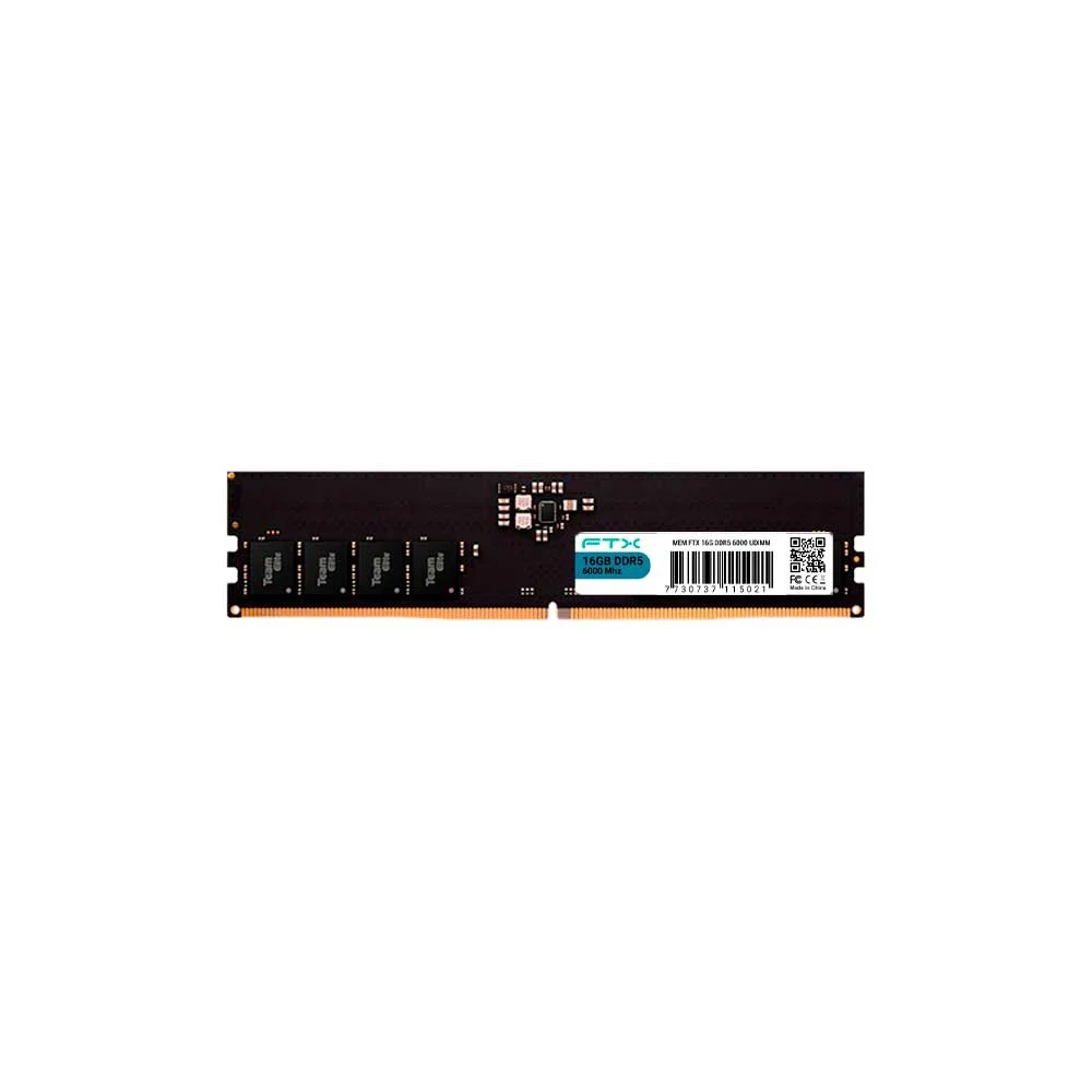 Módulo individual de memoria RAM FTX DDR5 negro, con chips visibles, contactos dorados y etiqueta blanca con detalles turquesa.
