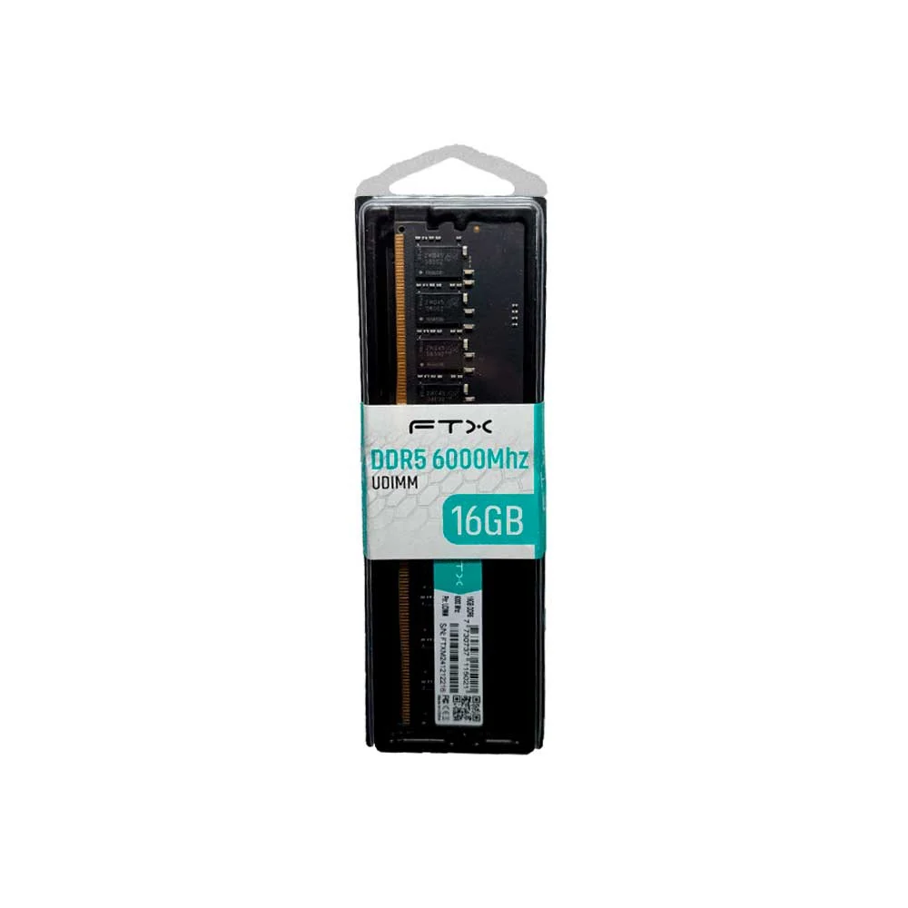 Módulo individual de memoria RAM FTX DDR5 negro, con chips visibles, contactos dorados y etiqueta blanca con detalles turquesa. - Vista 2
