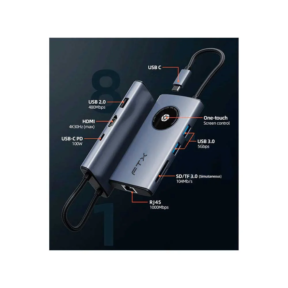 HUB 8 EN 1 USB-C - HDMI/RJ45/USB-A/USB-C/SD FTX-HUBL3-AG 4K/30HZ/1GBPS/100W/5GBPS - Vista 4