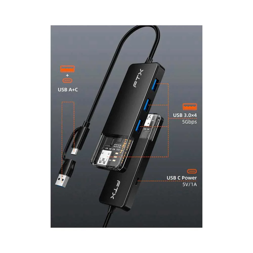 HUB USB-C 3.0 / USB-A DE 4 PUERTOS FTX-HUBT3-PB 5GBPS/5V - Vista 3