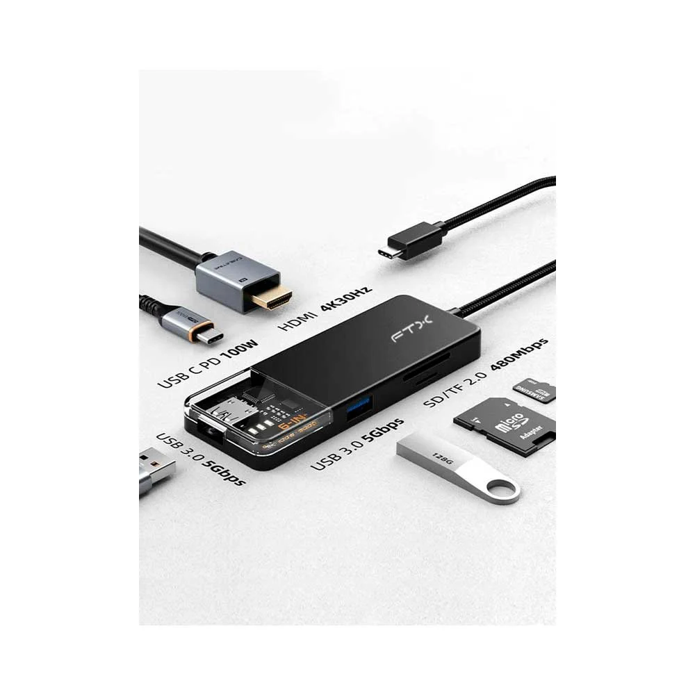 HUB 6 EN 1 USB-C - HDMI/USB-A/USB-C/SD FTX-HUBT4-PB 4K/30HZ/100W/5GBPS - Vista 2