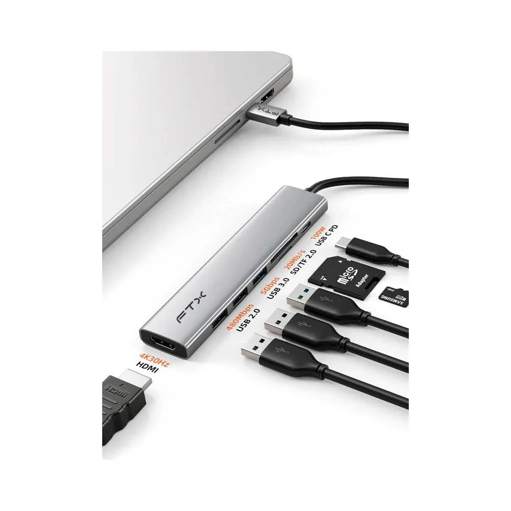 HUB 7 EN 1 USB-C - HDMI/USB-A/USB-C/SD FTX-HBP2-AG7 4K/30HZ/100W/5GBPS - Vista 3