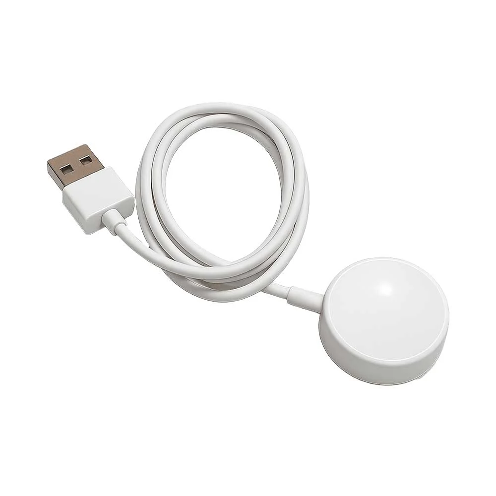 Cable cargador blanco para smartwatch con conector USB-A y base circular magnética de carga