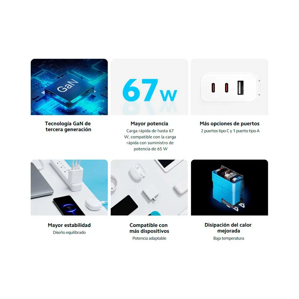 CARGADOR P/ PARED 67W XIAOMI GAN CHARGER USB-A/USB-C C/CABLE BHR7492US - Vista 4
