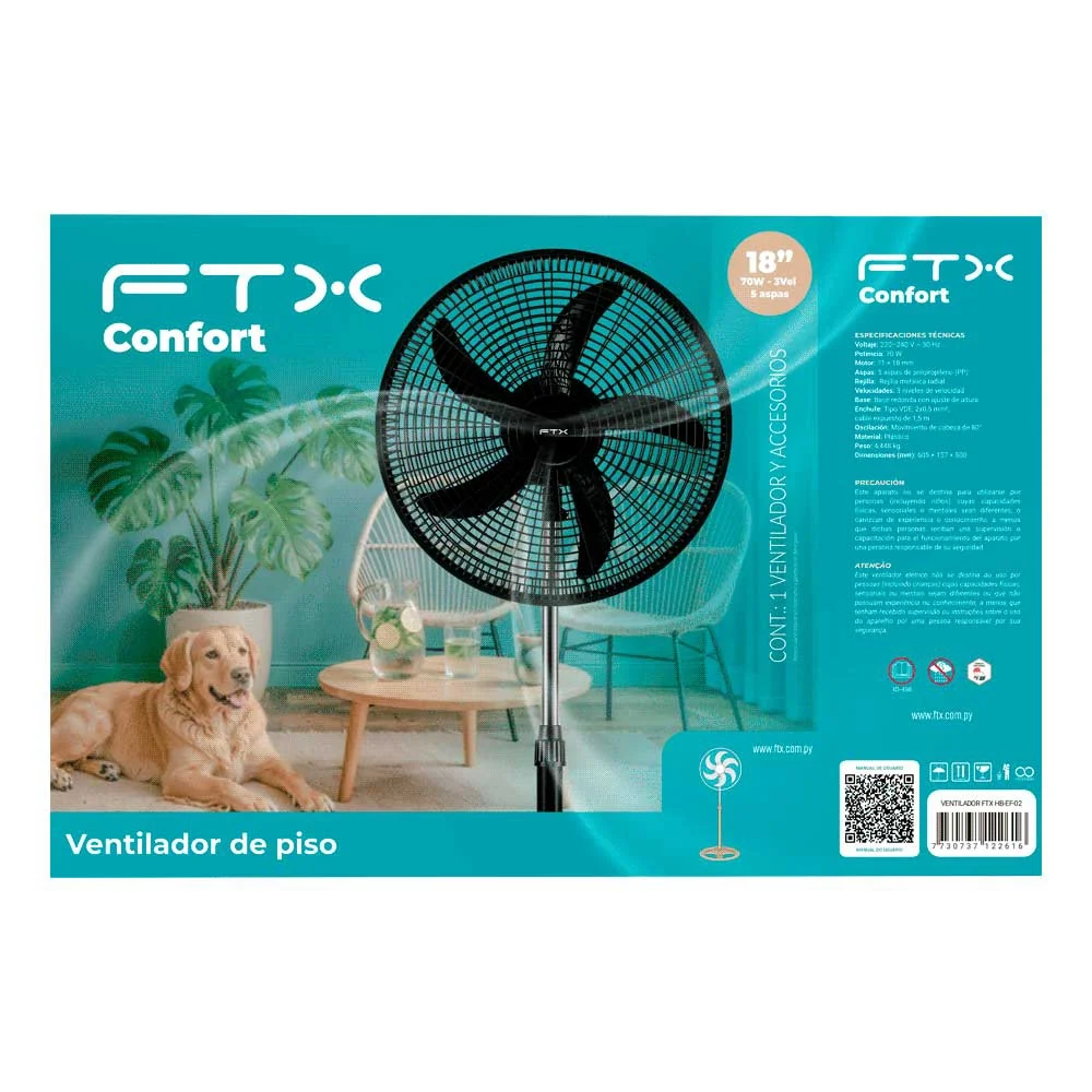 VENTILADOR DE PIE FTX 3 VEL CONFORT 70W 220V PLAST/NEGRO HB-EF-02 - Vista 5
