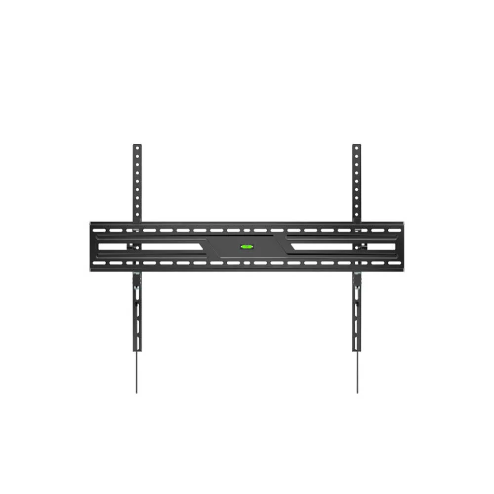 Soporte mural negro para TV con placa horizontal perforada, dos rieles verticales, nivel de burbuja y cordones de liberación. - Vista 2