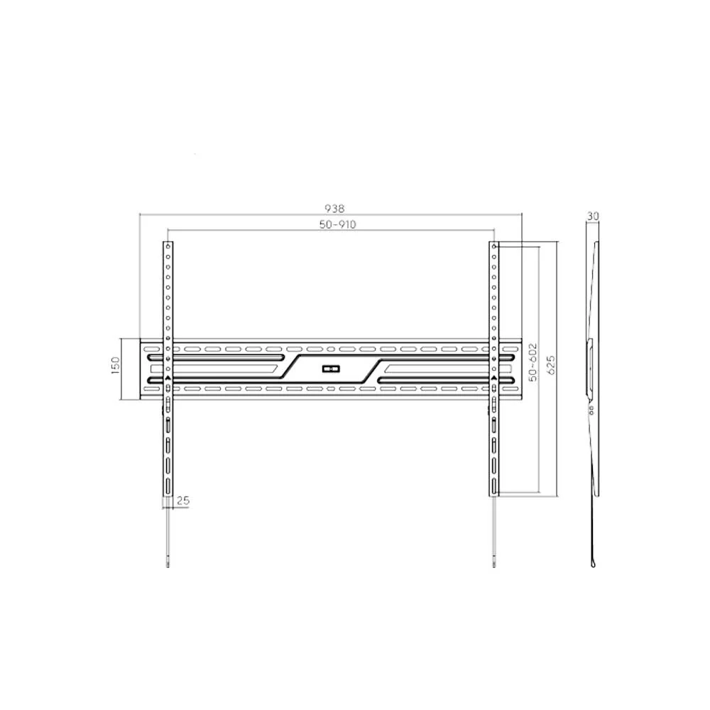Soporte mural negro para TV con placa horizontal perforada, dos rieles verticales, nivel de burbuja y cordones de liberación. - Vista 3