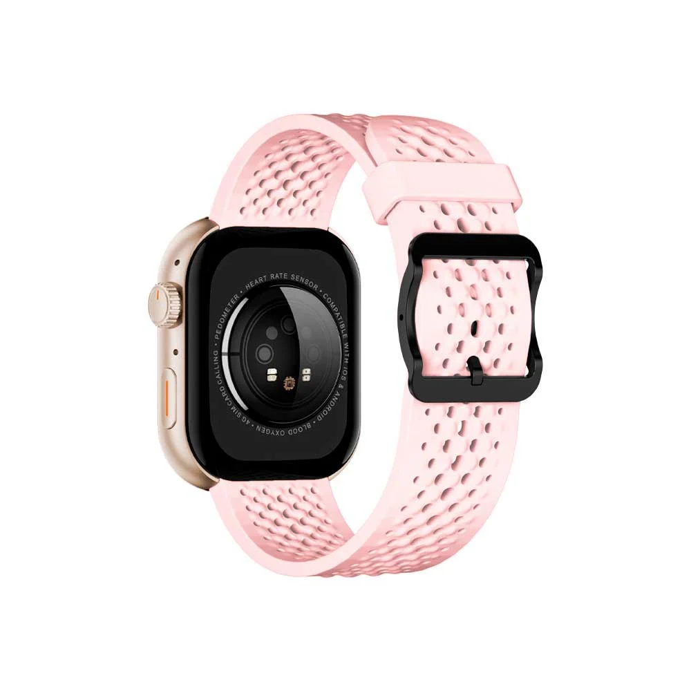Smartwatch FTX Rose Gold con caja rectangular, pantalla negra y correa rosa perforada con hebilla. - Vista 3