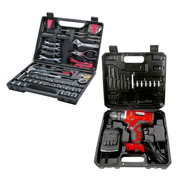 Combo Nappo en dos estuches negros abiertos: taladro inalámbrico rojo y negro con accesorios, y herramientas manuales variadas.
