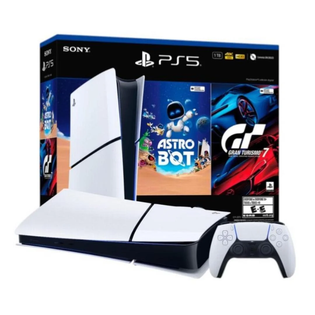 Caja de PlayStation 5 Slim Digital blanca y negra con mando DualSense blanco y arte de Astro Bot y Gran Turismo 7.
