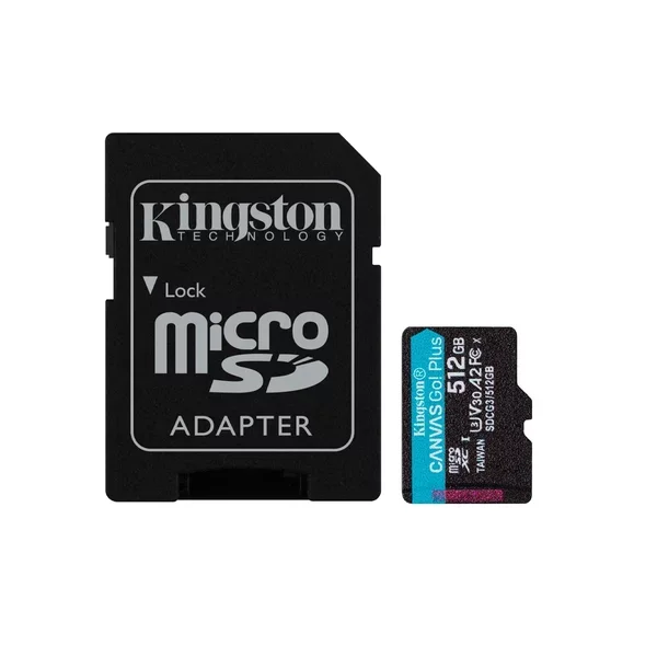 Tarjeta Kingston Canvas Go! Plus microSDXC de 512 GB junto a un adaptador SD negro.