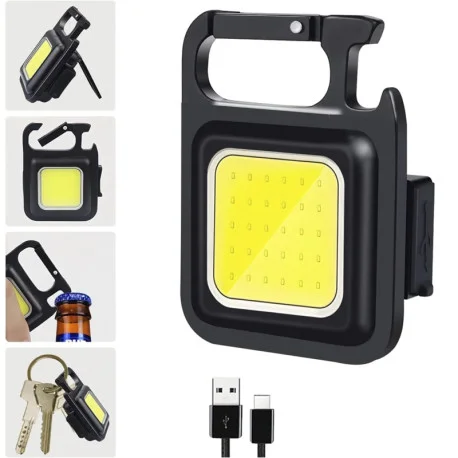 Linterna llavero negra EcoPower con panel luminoso cuadrado amarillo y abridor de botellas.