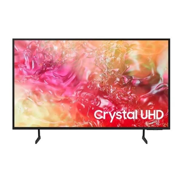 Televisor Samsung de pantalla plana con marco negro delgado, dos patas separadas e imagen abstracta en tonos cálidos.