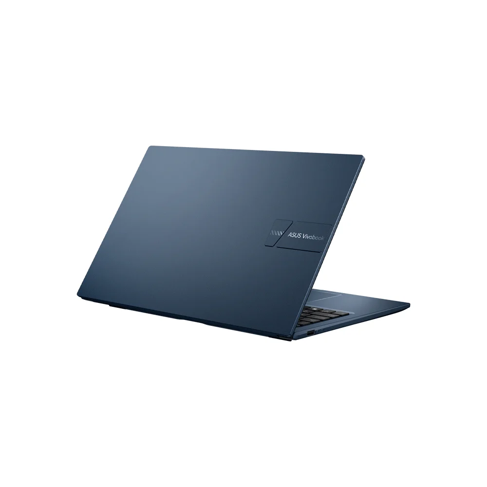 Notebook ASUS Vivobook azul oscuro abierta parcialmente, vista desde atrás y de costado, con teclado y puerto lateral visibles.