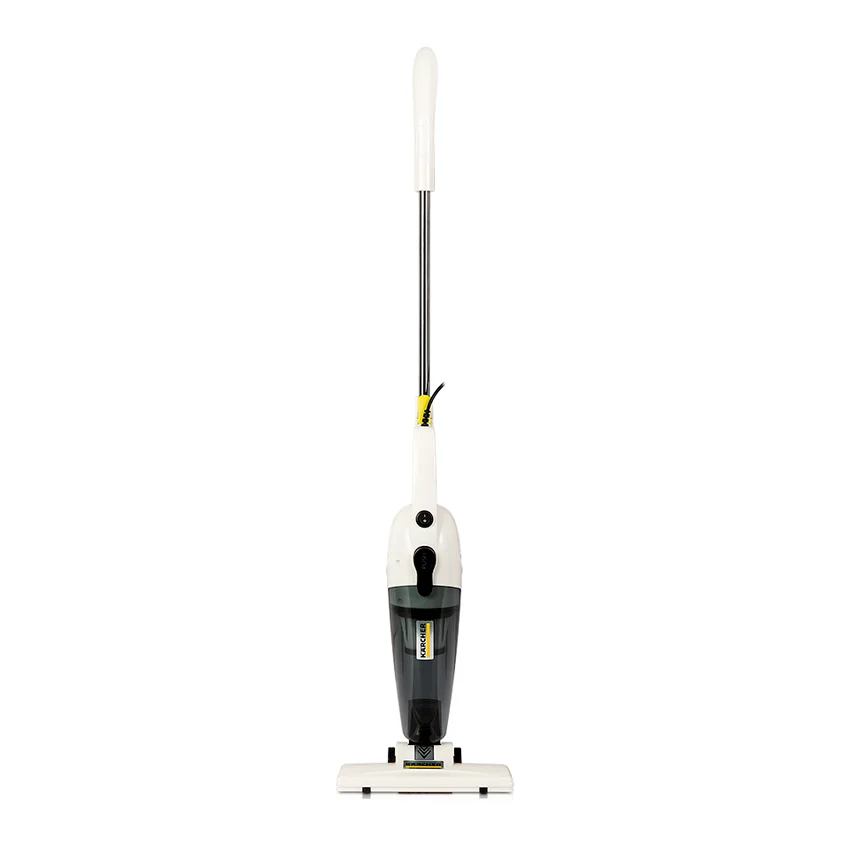 Aspiradora vertical Kärcher blanca con tubo metálico, depósito translúcido y boquilla ancha para pisos.