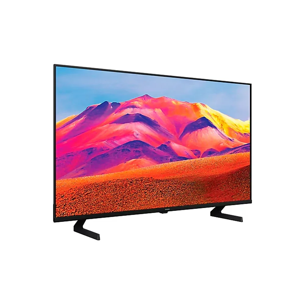 Televisor Samsung negro de 43 pulgadas con pantalla plana y dos patas separadas.
