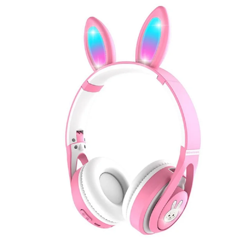 Auriculares LUO de diadema en rosa y blanco, con almohadillas acolchadas y orejas decorativas de conejo.
