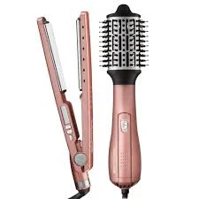Combo de cuidado capilar BaBylissPRO Rose Gold con planchita de placas alargadas y cepillo eléctrico cilíndrico con cerdas.