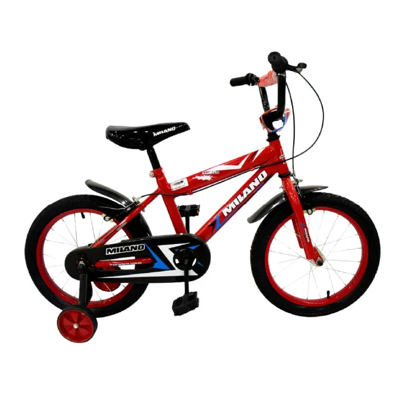 Bicicleta infantil Milano Bambino aro 16 roja con rueditas laterales y guardabarros negros
